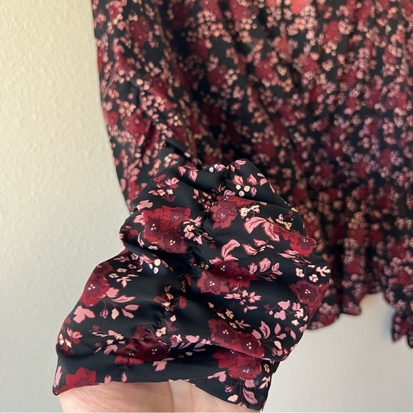 Eloquii Elements Black Burgundy Floral Long Sleeve V Neck Peplum Top- Size 16 - Picture 3 of 11